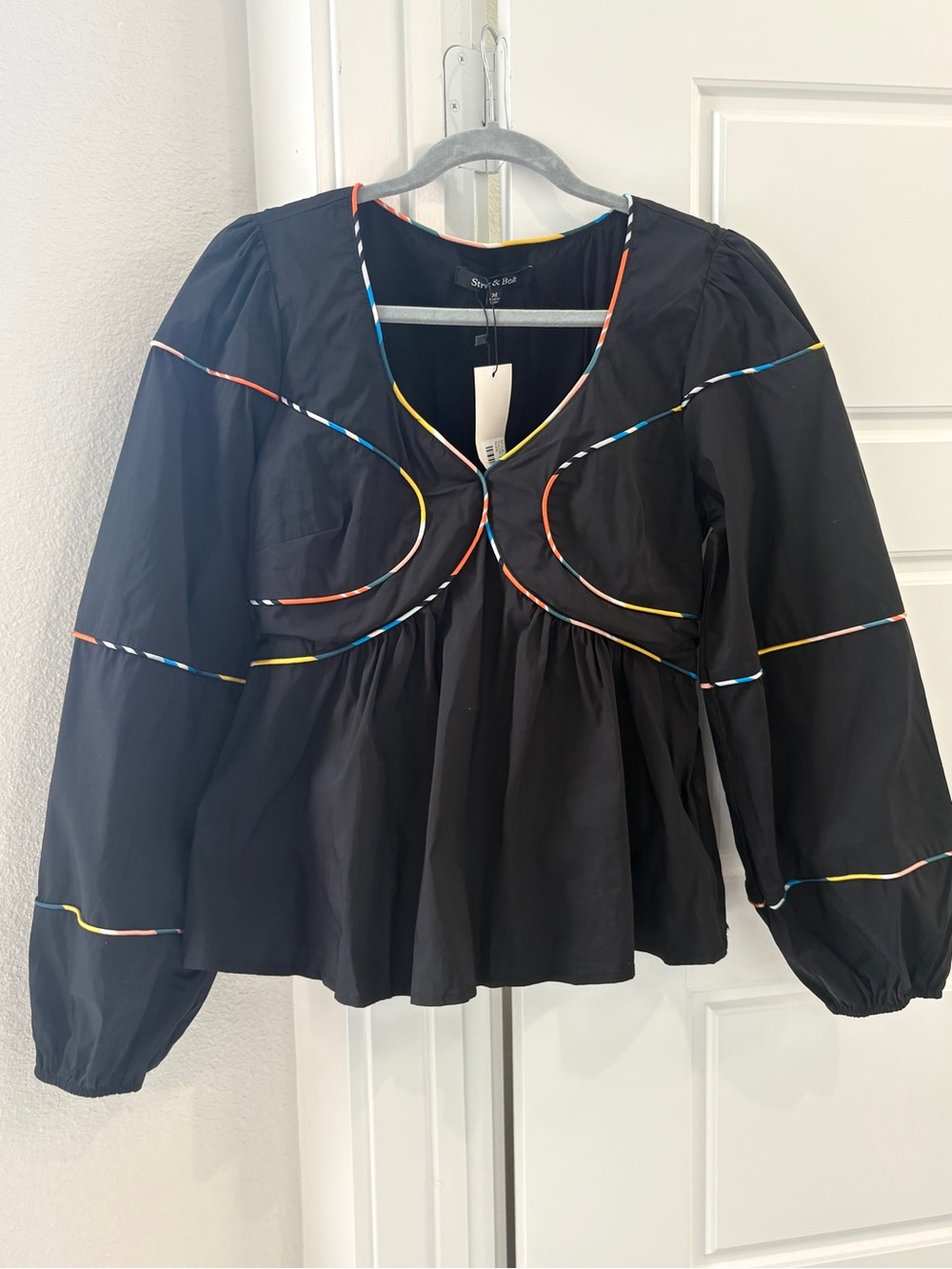 Strut & Bolt Black Peplum Blouse with Multicolor Piping Trim
